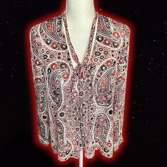 Alice + Olivia ‘Anabel’ Multicolor Burgundy Bohemian Paisley Pussybow Top Size S - Picture 15 of 16